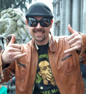 Adam rocking a Free Marc Emery t-shirt. (Photo by Jeremiah Vandermeer)